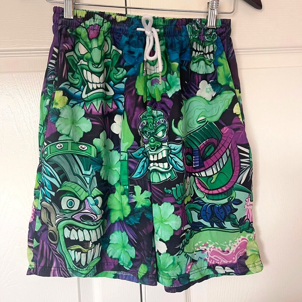 Men's Size S Tiki God Hawaiian Swim Shorts Purple Green Board Shorts Trunks - Picture 2 of 8